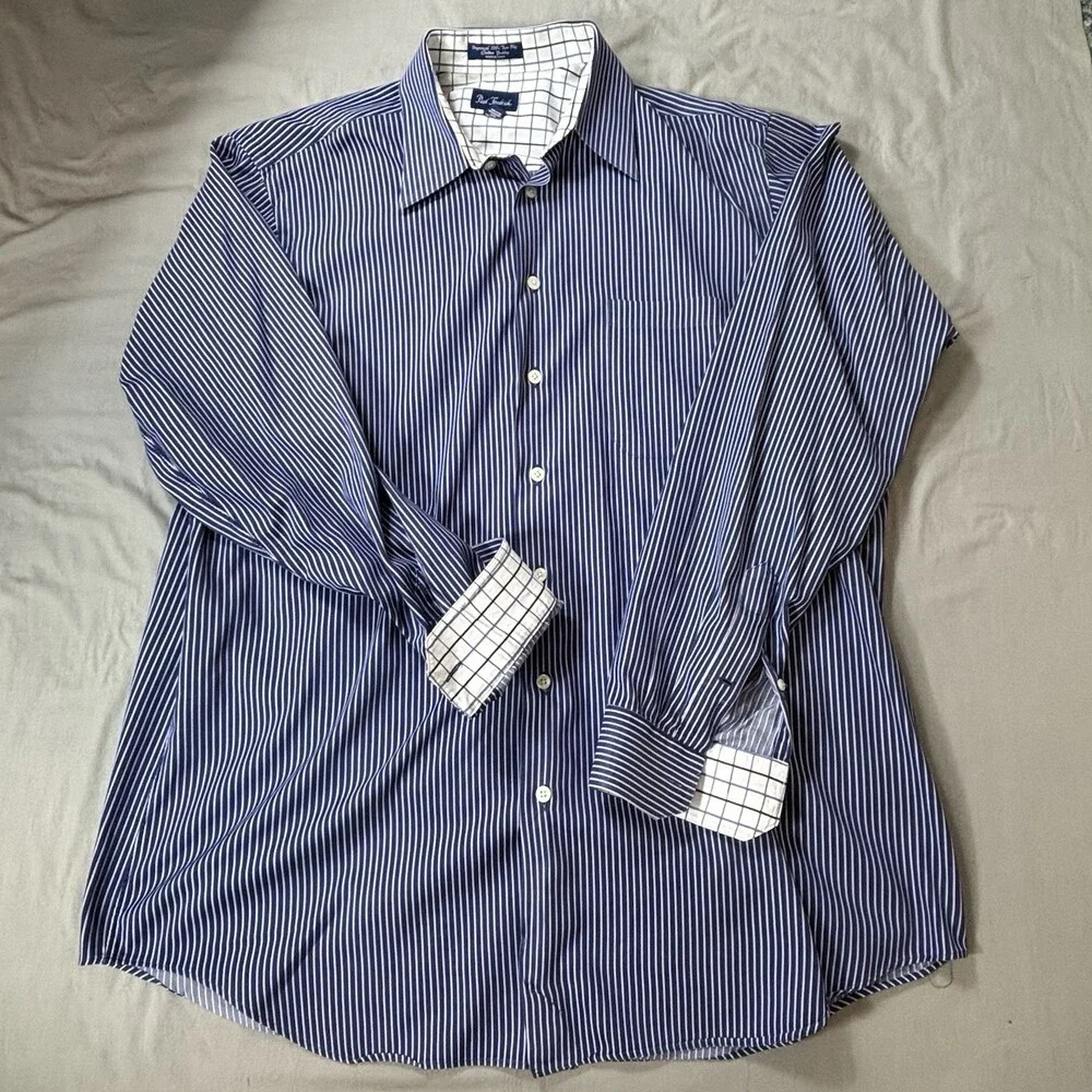 Paul Fredrick Dress Shirt Mens 16.5-37  White Blue Cotton Casual Fast Shipping - Picture 6 of 10
